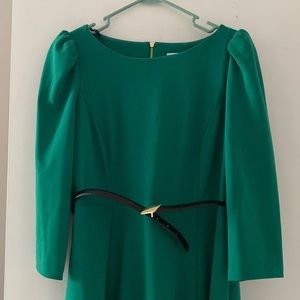 Calvin Klein Green tea-length 3/4 sleeve belted dress women’s size 12